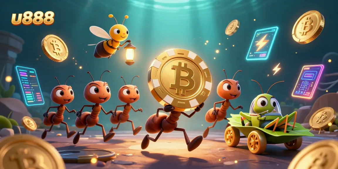 Join the thrilling u8888 adventure with ants stealing a giant poker chip amidst crypto coins and vibrant casino elements.