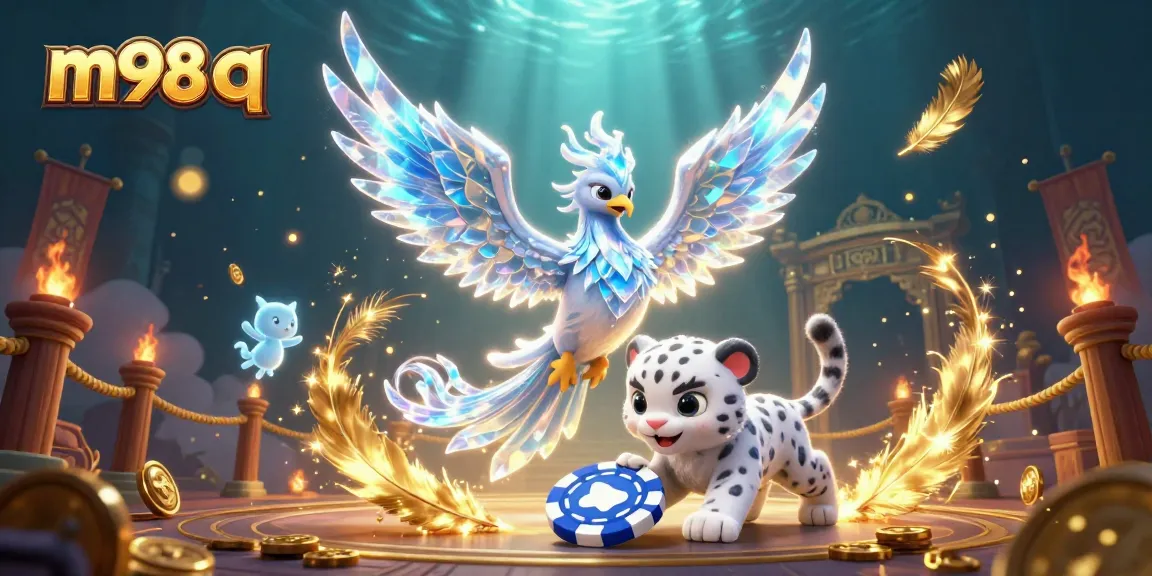 Play thrilling games at m98 q with a vibrant illustration of an ice phoenix and casino elements.