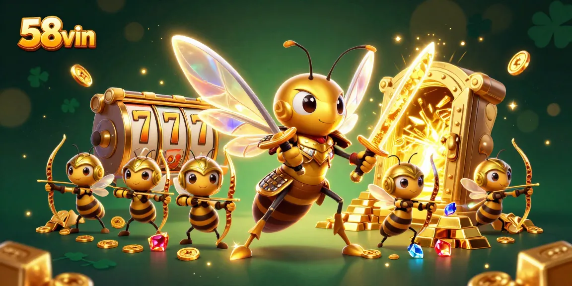 Engage with 58vin's vibrant casino scene featuring a golden hornet and treasure.