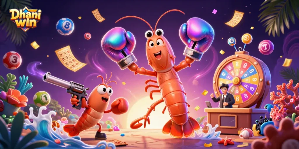 Dhani win gameplay illustration showcasing vibrant lottery elements and colorful characters in action.