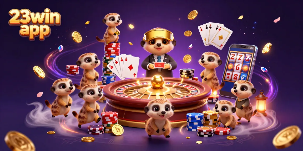 Experience thrilling gameplay with the 23win app, showcasing hilarious meerkats operating a vibrant casino.