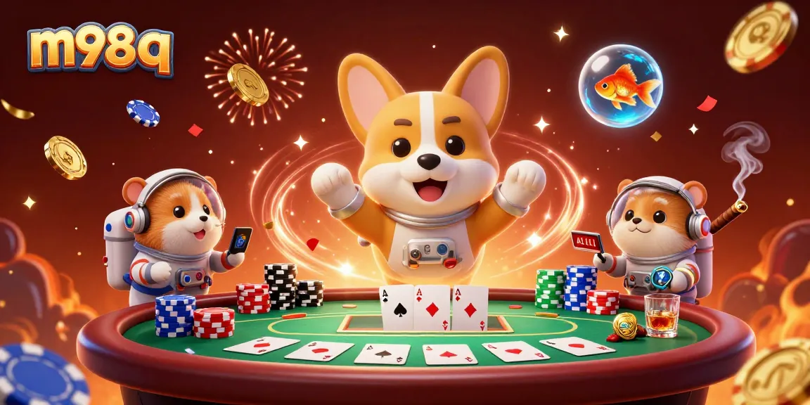 Engage with m98 q in a vibrant casino scene filled with floating poker chips and whimsical characters.