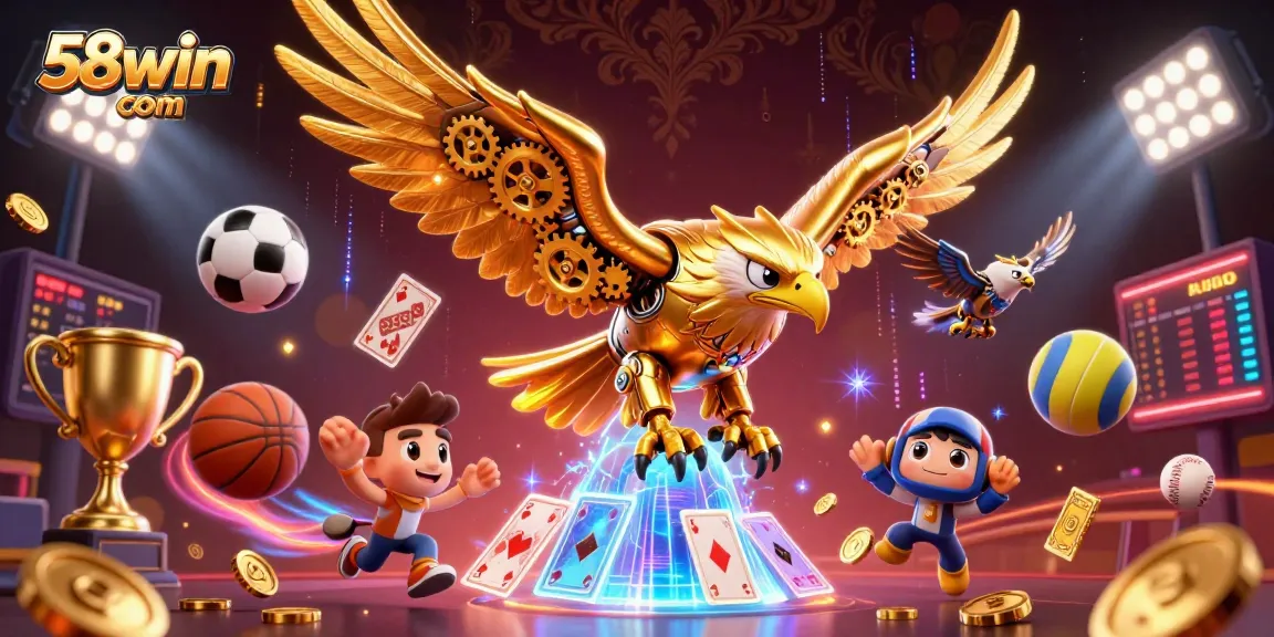 Experience the excitement of 58win com with a dynamic 3D illustration of a golden eagle diving through holographic cards and sports elements.