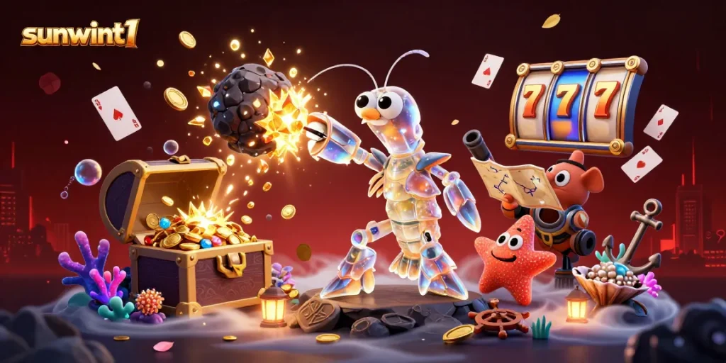 Engage with sunwint1's vibrant casino scene featuring galactic mantis shrimp winning jackpots amidst colorful treasures.