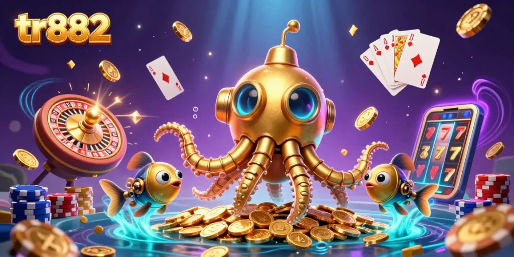 Spin the exciting games at tr882 featuring a cartoon kraken submarine amidst golden coins and vibrant casino elements.