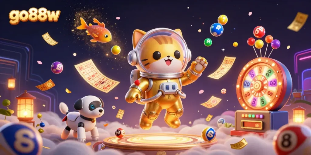 Engage with go88w as a 3D cat astronaut floats among colorful lottery elements and vibrant game symbols.