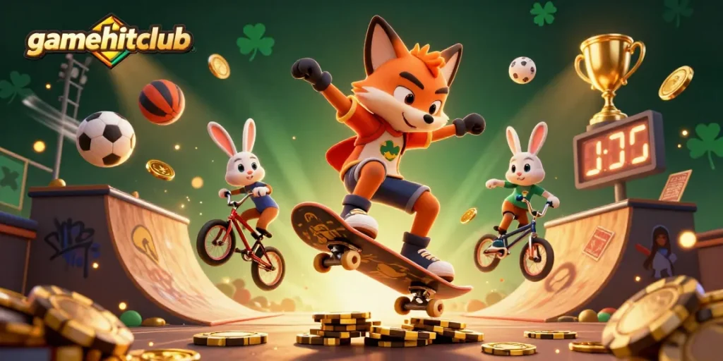 Experience thrilling wins at gamehitclub with dynamic casino-inspired 3D illustration showcasing engaging gaming elements.
