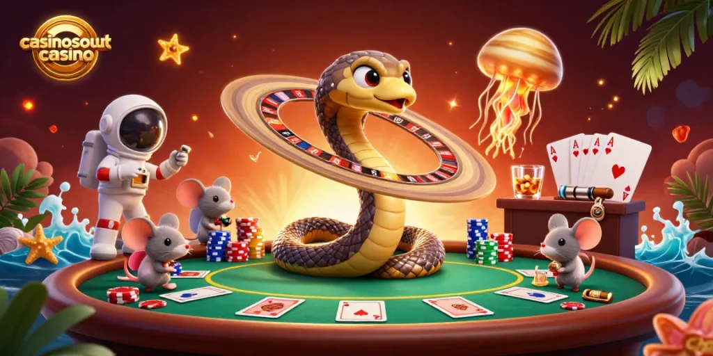 Bet at casinoscout casino with astronaut mice on a cosmic roulette wheel.