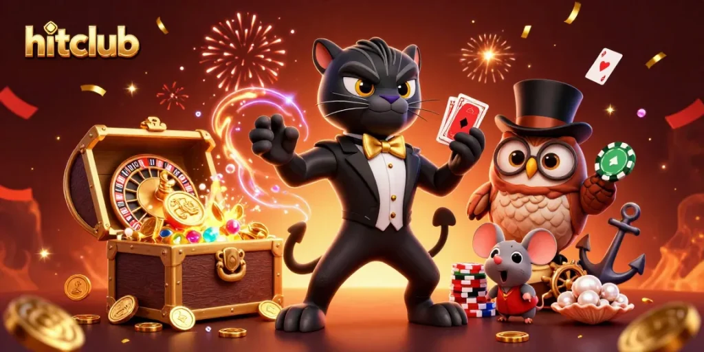 Hitclub's stylish panther dealing cards at a vibrant casino scene filled with treasures and celebrations