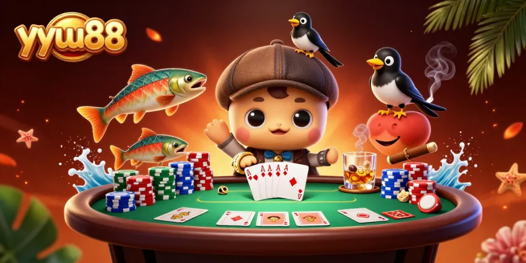 Spin to win with yyuu88: Engaging 3D scene featuring playful Nessie and poker elements.