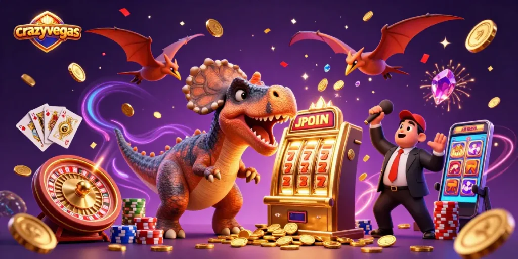 CrazyVegas showcases an energetic casino scene with a pachycephalosaurus winning jackpots.