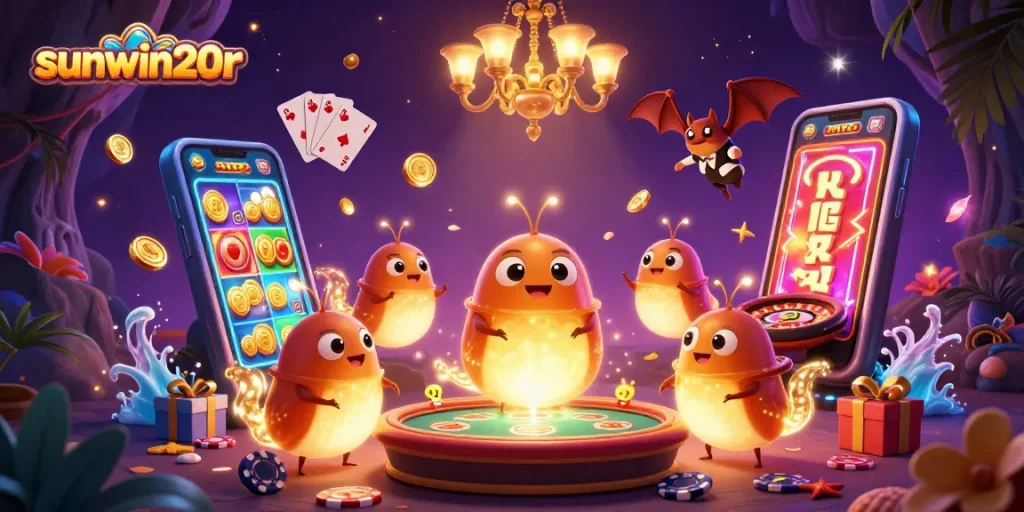 Experience the excitement of sunwin20r as glowworms light up a vibrant cave casino scene.