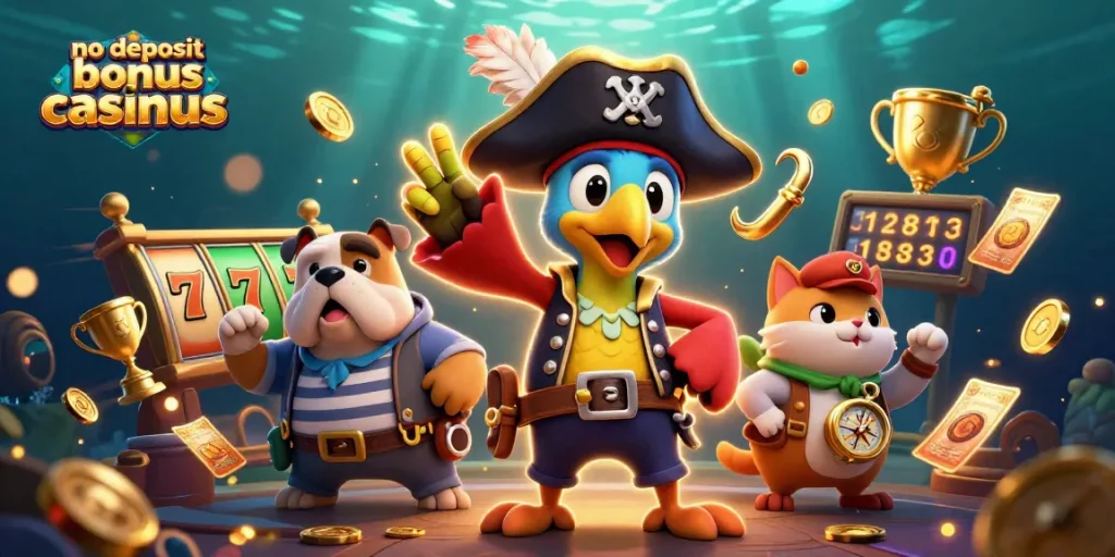 Engage with the exciting no deposit bonus casinous through this vibrant 3D casino illustration of animated characters.