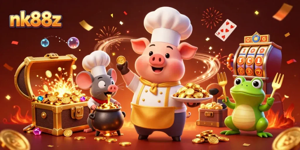 Experience thrilling wins at nk88z, showcasing fun characters in a vibrant casino scene.